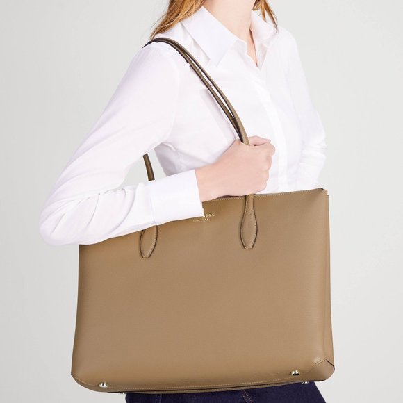 New Kate Spade All Day Large Zip-Top Tote Crossgrain Leather Timeless Taupe - Picture 4 of 5